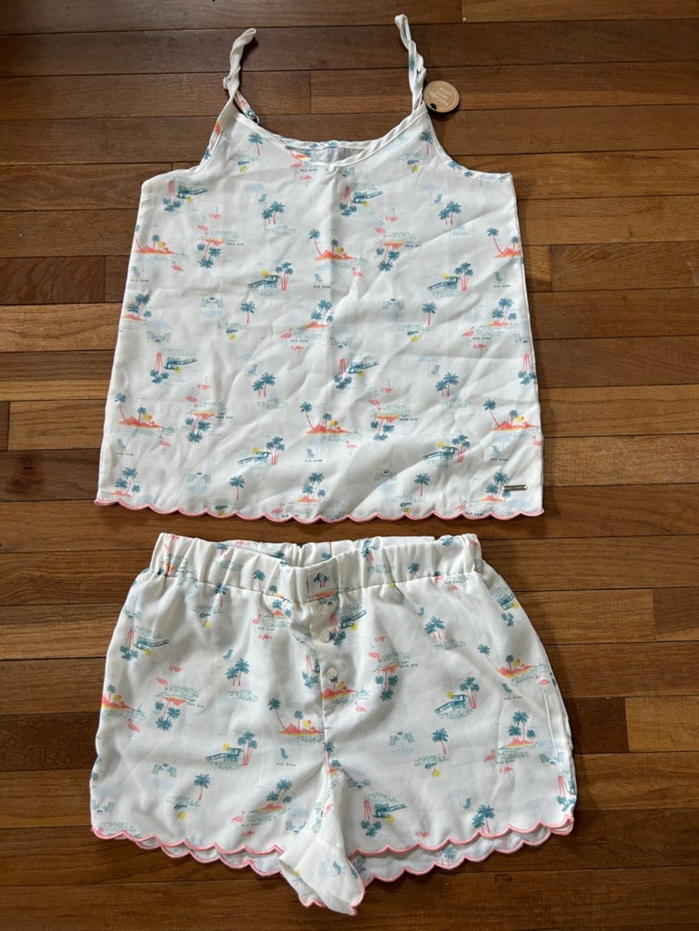 Rae Dunn White Tropical Print Pajama Set with Pink Trim Womens small